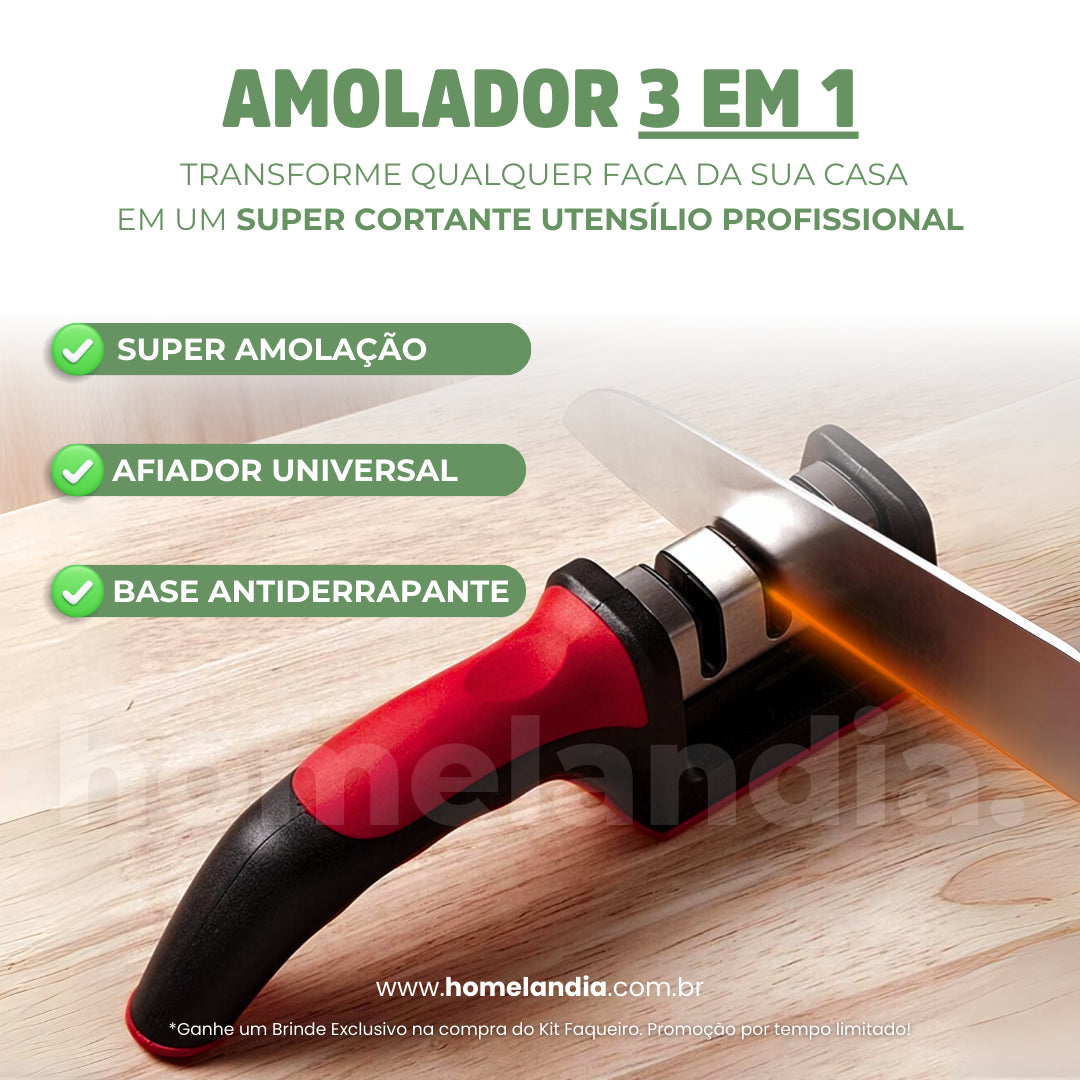 Kit Faqueiro - Amolador 3 em 1 + Jogo de Facas Aço Inox MisterChef™ [Brinde]