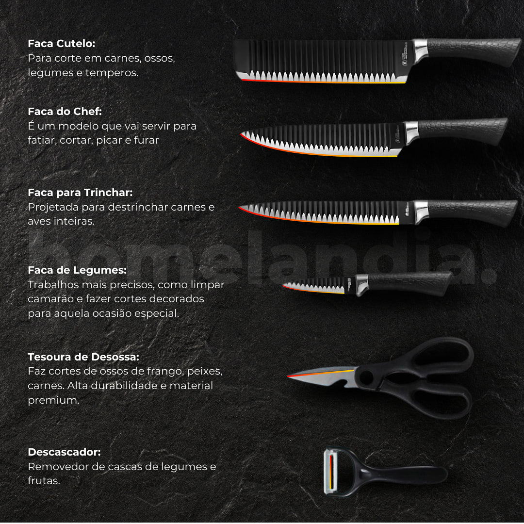 Kit Faqueiro - Amolador 3 em 1 + Jogo de Facas Aço Inox MisterChef™ [Brinde]