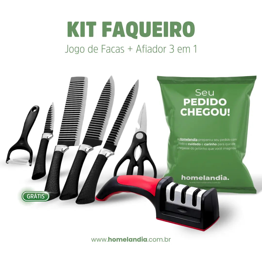 Kit Faqueiro - Amolador 3 em 1 + Jogo de Facas Aço Inox MisterChef™ [Brinde]